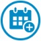 un calendario azul y blanco con un signo más