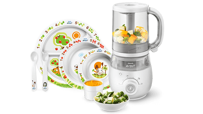 Productos de alimentación para niños pequeños: máquinas para preparar alimento para bebés y vajilla Philips Avent